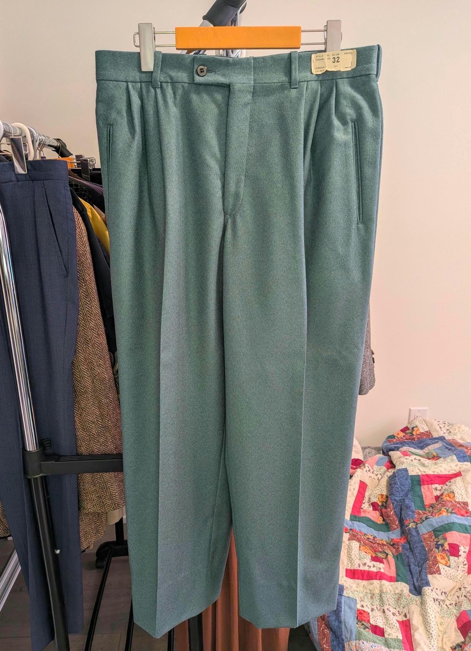 Vintage Eljino Virgin Wool Trousers, Sage Green, Deadstock 1970s, Size 32